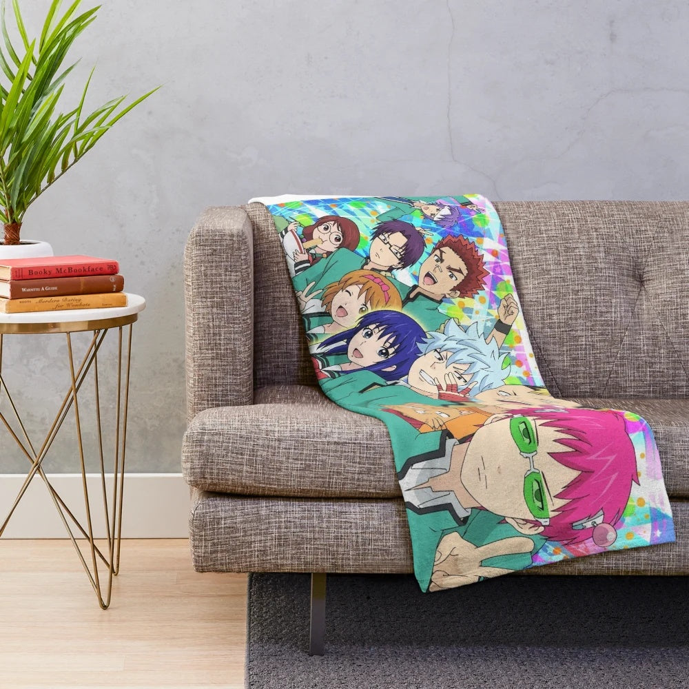Anime inspired plush blanket featuring characters from the popular series The Disastrous Life of Saiki K