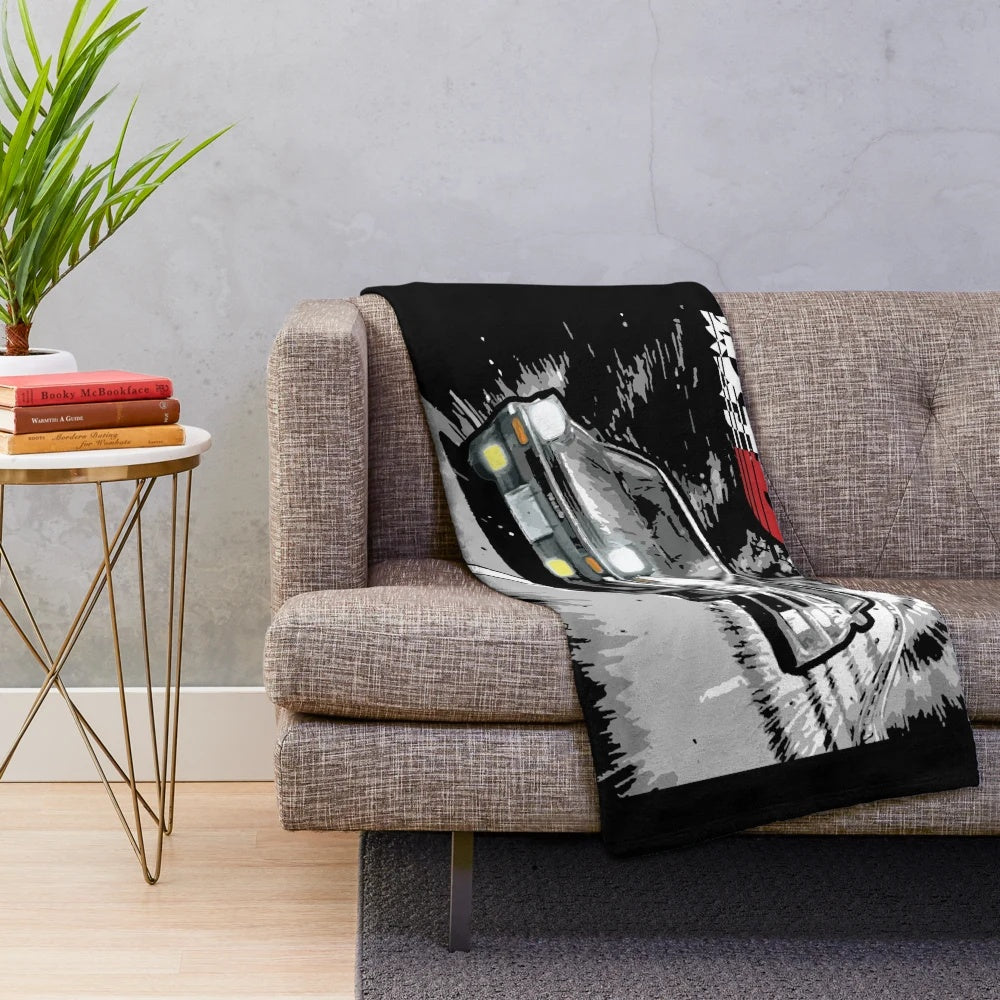 Plush blanket with anime-inspired car racing design featuring AE86 and Evo 6
