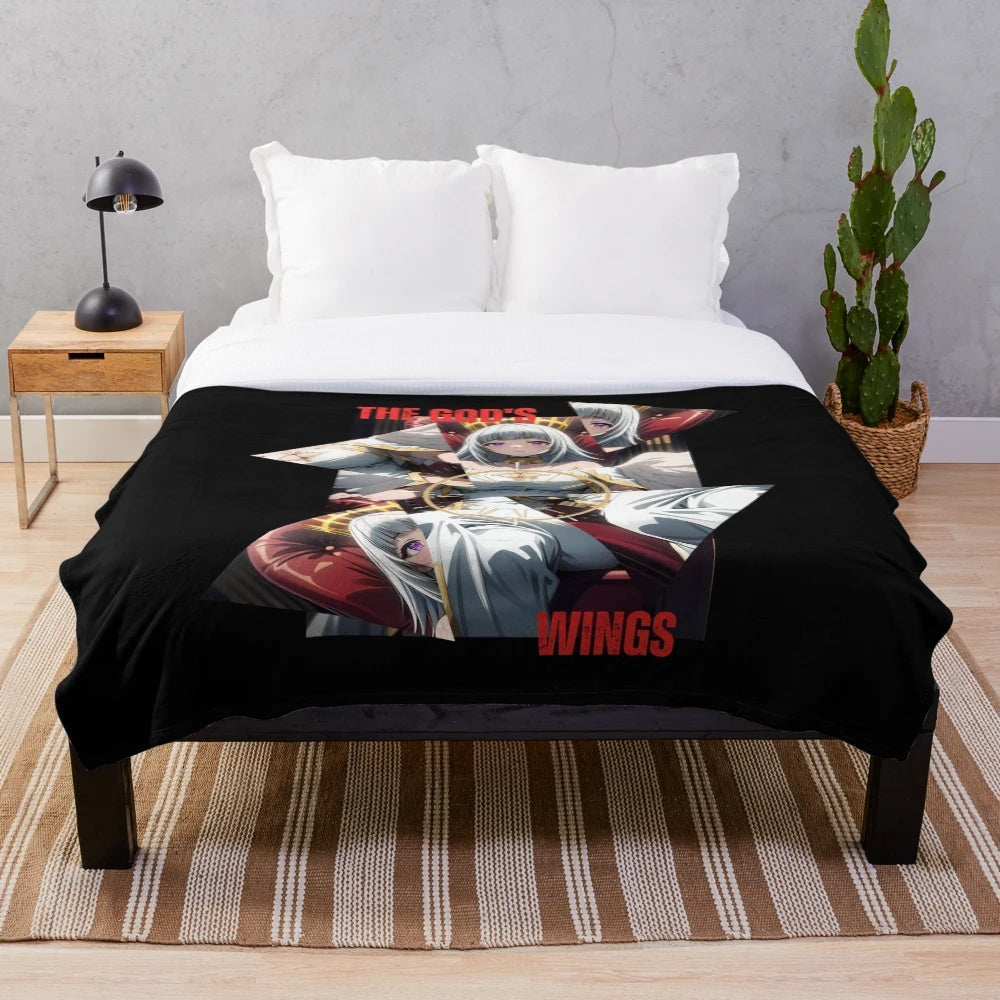Anime-inspired plush blanket featuring Ultimatia, the god's wings, and characters from the Ragna Crimson series