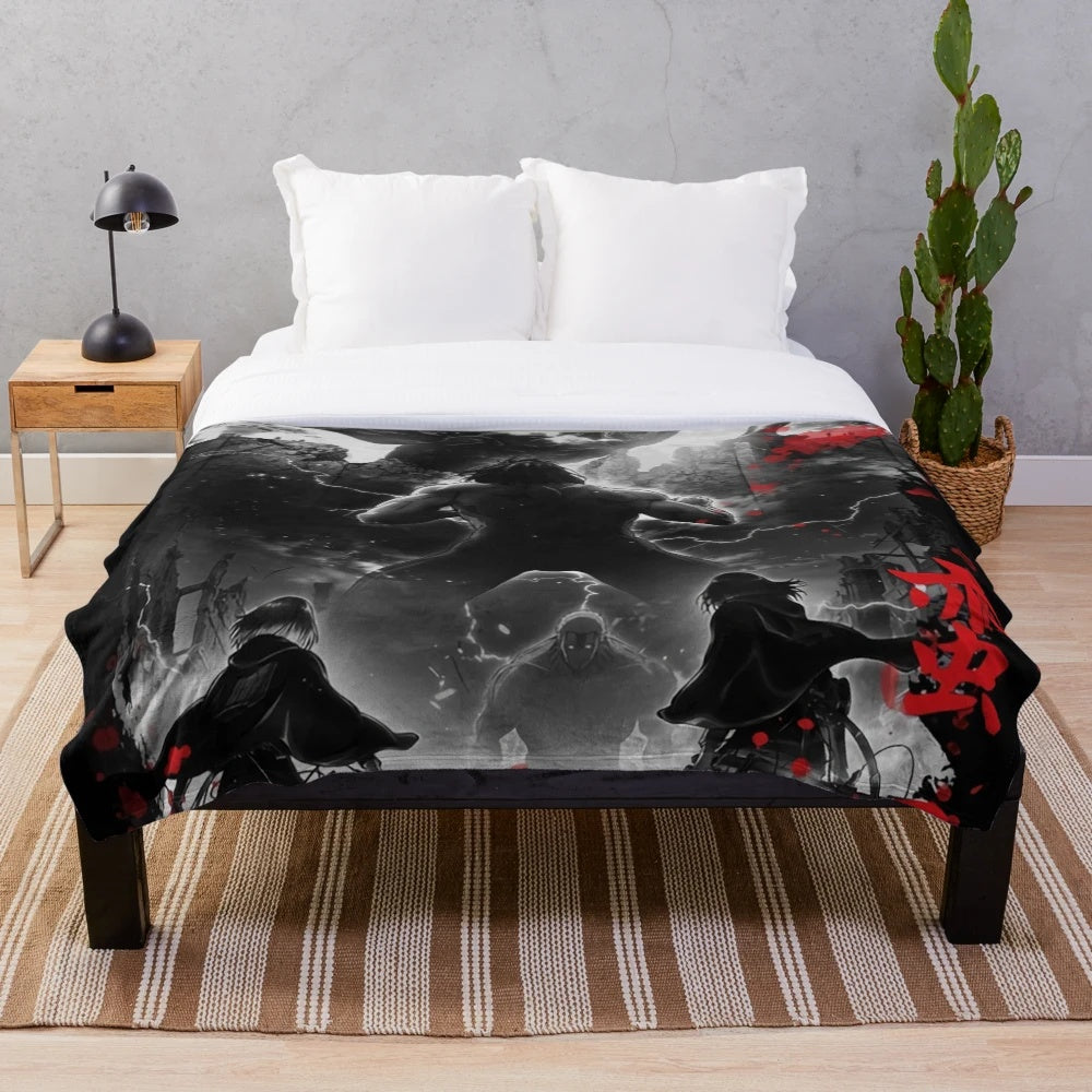 Anime-inspired plush blanket featuring characters from "Attack on Titan