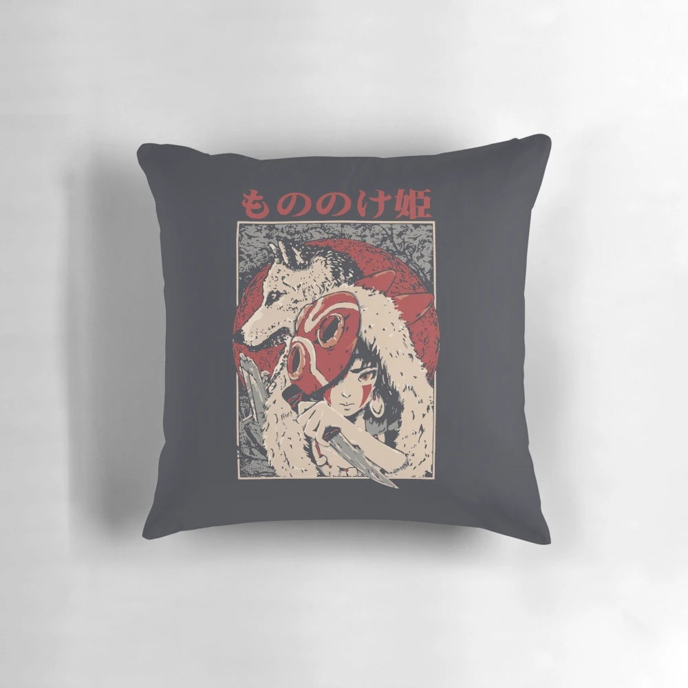 Princess Mononoke-inspired plush pillow, featuring the wolf and the protagonist Ashitaka