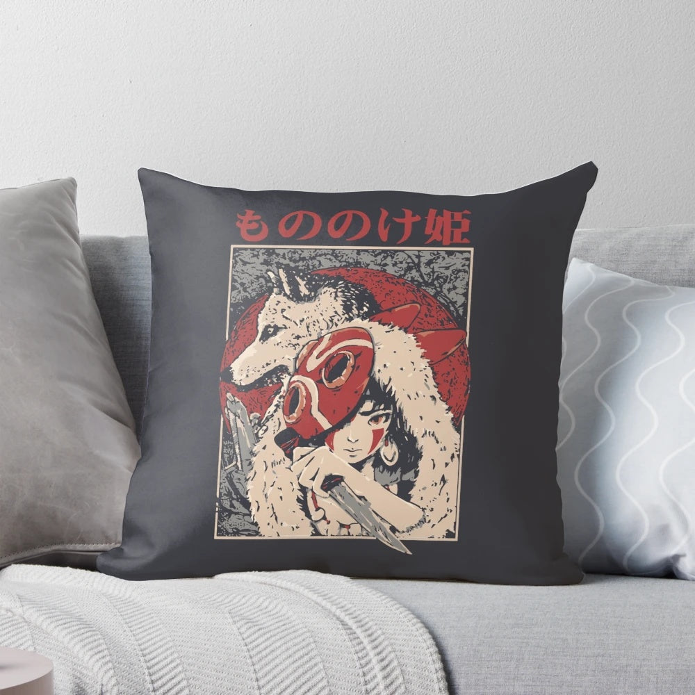 Princess Mononoke-inspired plush pillow, featuring the wolf and the protagonist Ashitaka