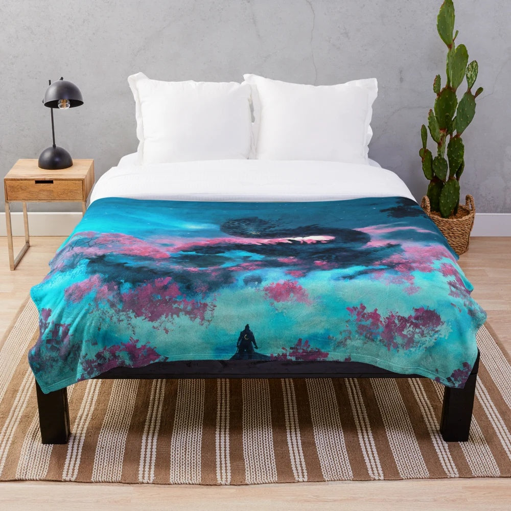 Sekiro: Shadows Die Twice inspired plush blanket featuring Japanese art