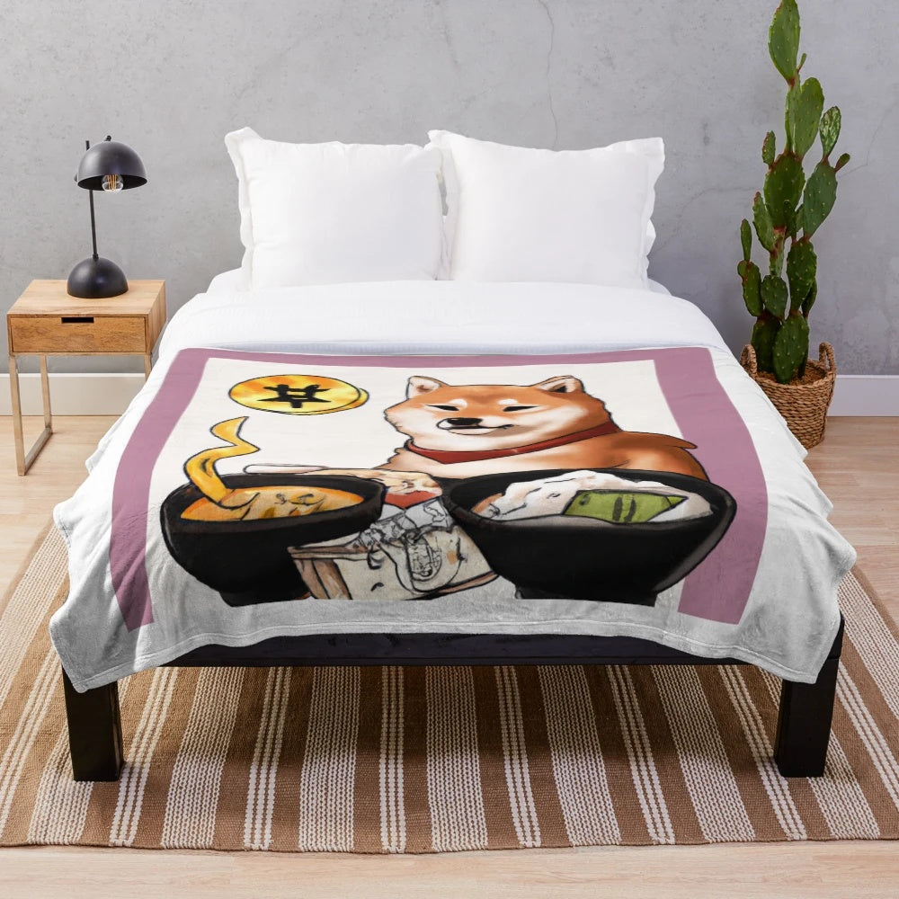 Soft and cozy plush blanket featuring a shiba inu dog eating ramen noodles in an anime-inspired design