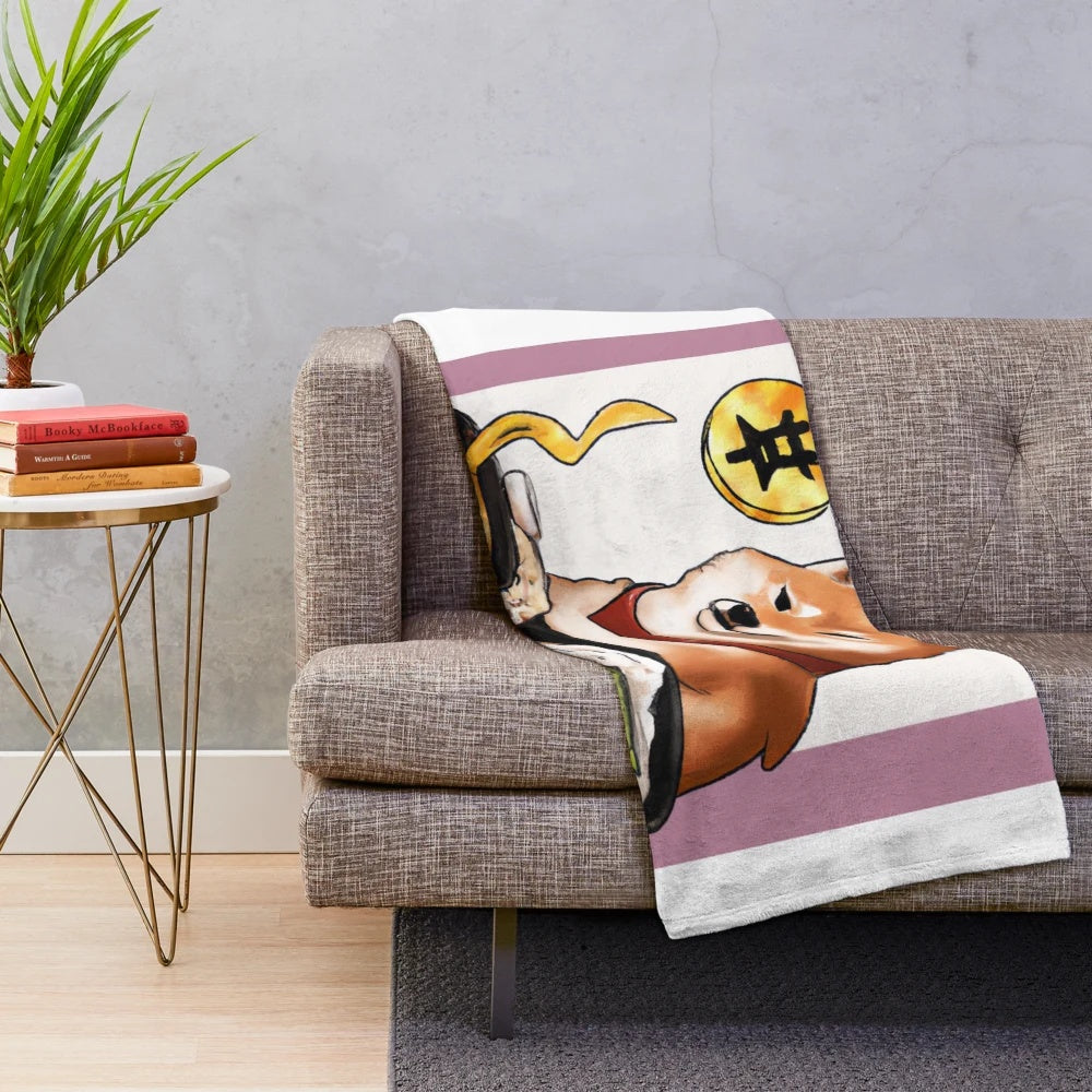 Soft and cozy plush blanket featuring a shiba inu dog eating ramen noodles in an anime-inspired design