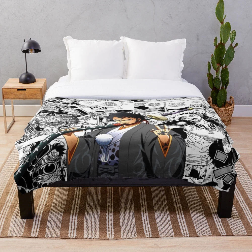 Soft and cozy plush blanket featuring the character Trafalgar Law from the popular anime series One Piece