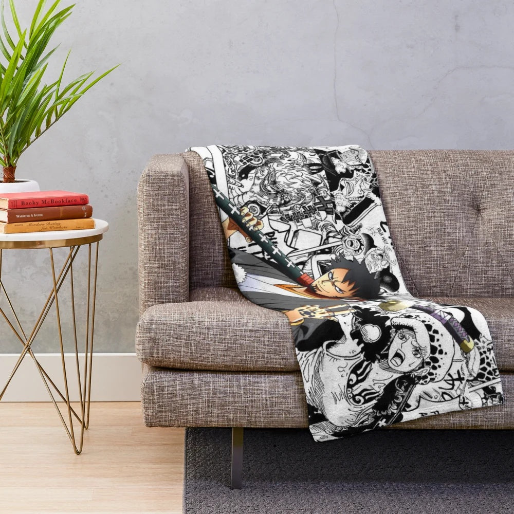 Soft and cozy plush blanket featuring the character Trafalgar Law from the popular anime series One Piece
