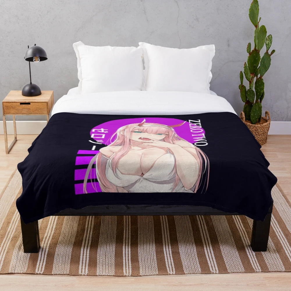 Zero Two from Darling in the FranXX anime depicted in a plush blanket design