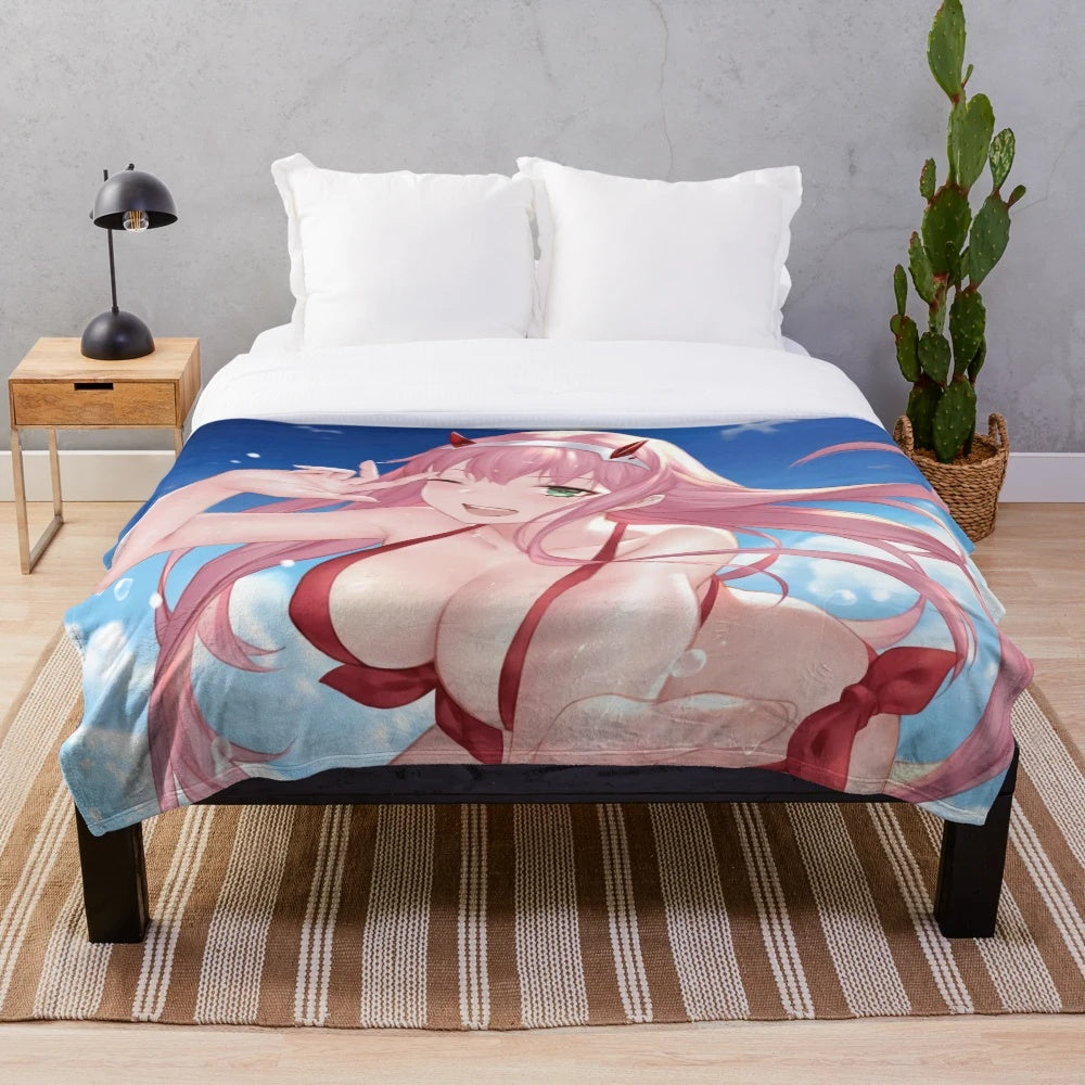 Anime inspired Zero Two plush blanket featuring the popular character from Darling in the Franxx