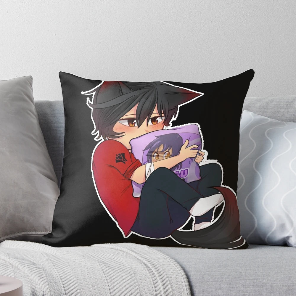 Soft and cuddly anime lycan pillow featuring the characters Aaron Lycan and Aphmau Lycan from the popular anime series.