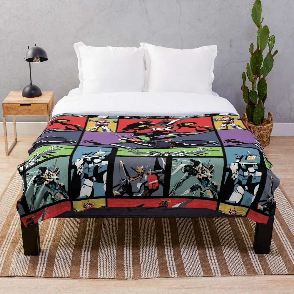 Anime mecha plush blanket with giant robots and mechas