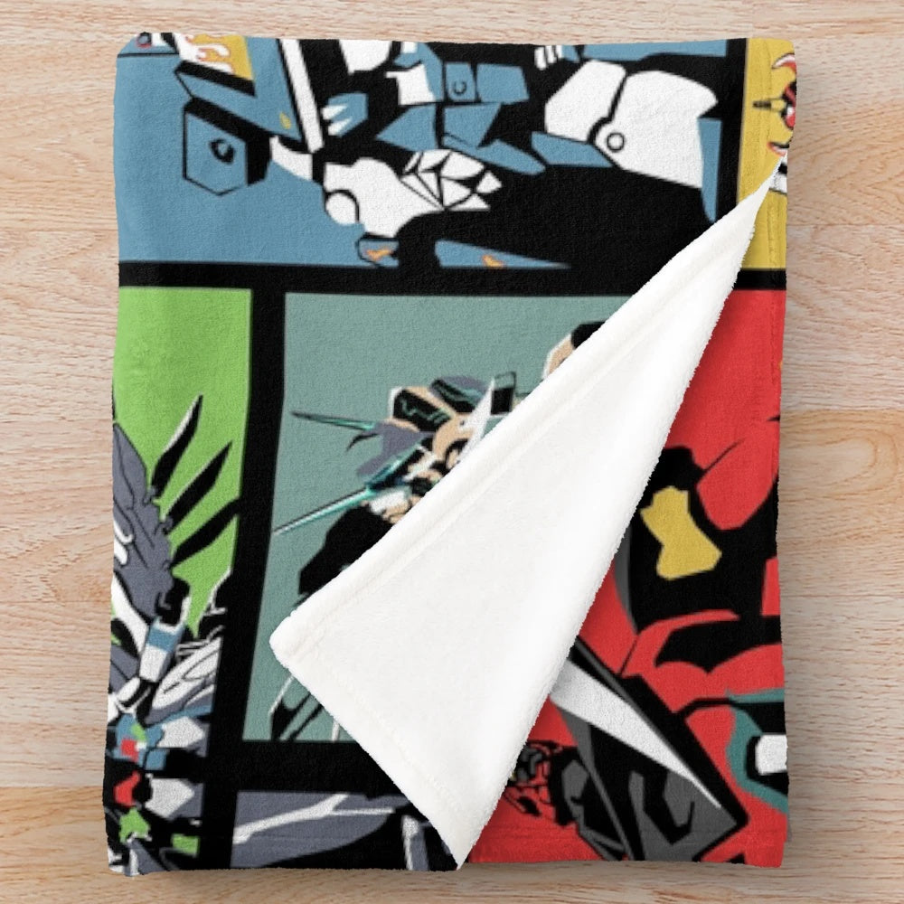Anime mecha plush blanket with giant robots and mechas