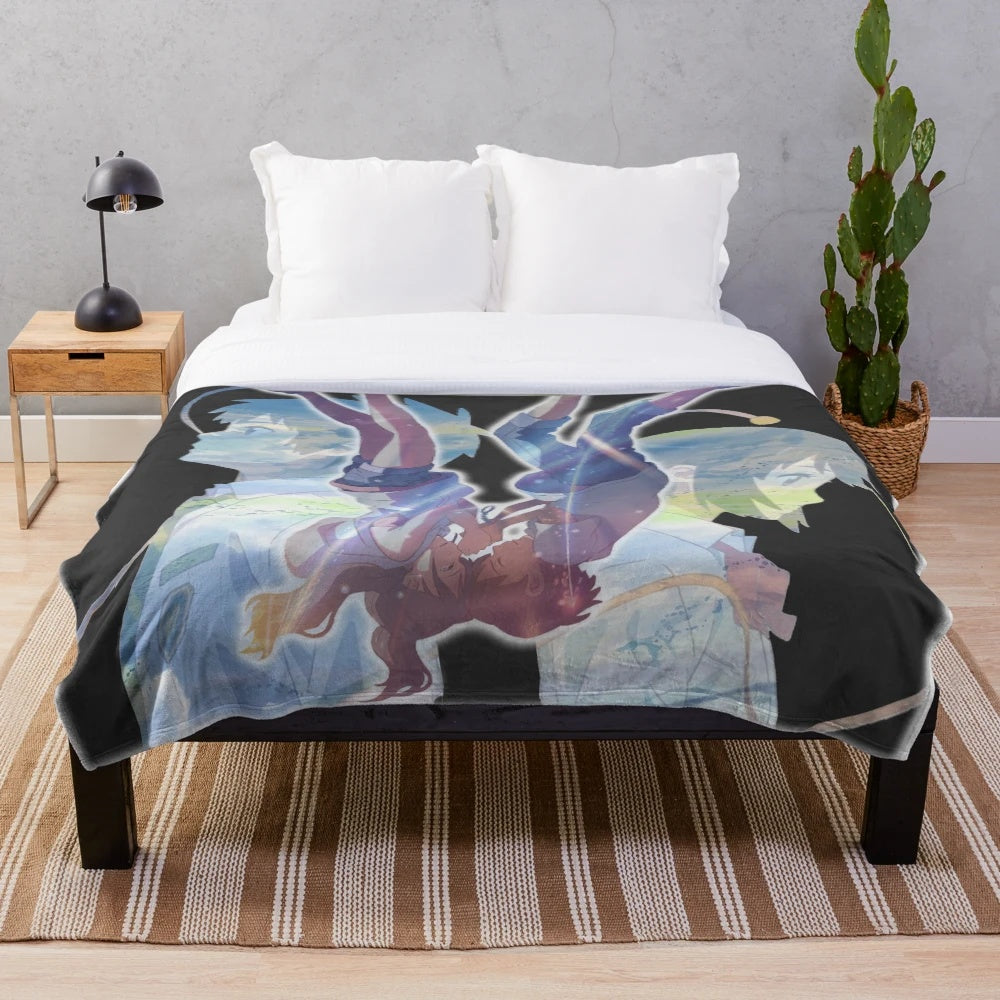 Anime movie crossover plush blanket featuring Weathering With You and Your Name characters