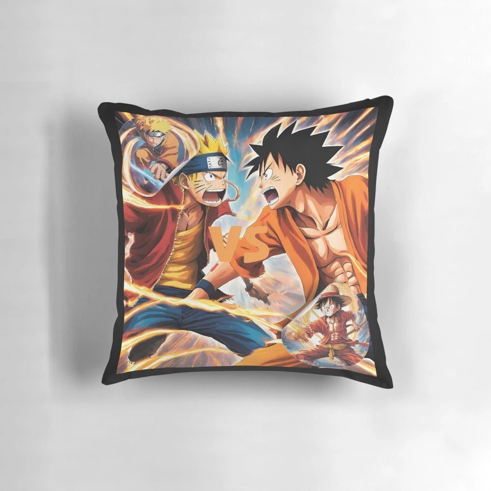 Anime-inspired pillow featuring Luffy and Naruto in an epic fight
