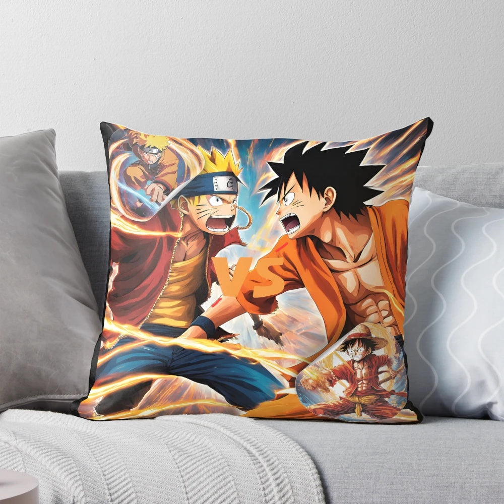 Anime-inspired pillow featuring Luffy and Naruto in an epic fight