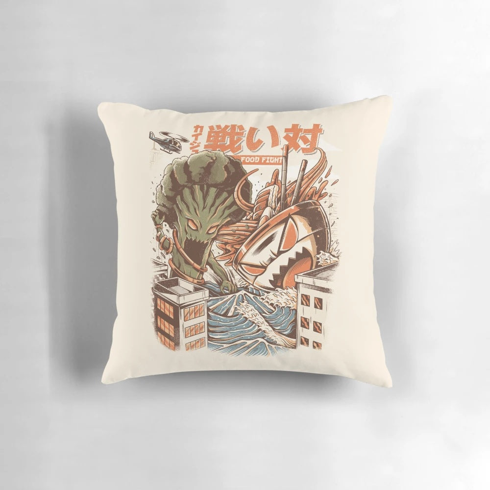 Anime-inspired pillow featuring a broccoli and ramen kaiju battle