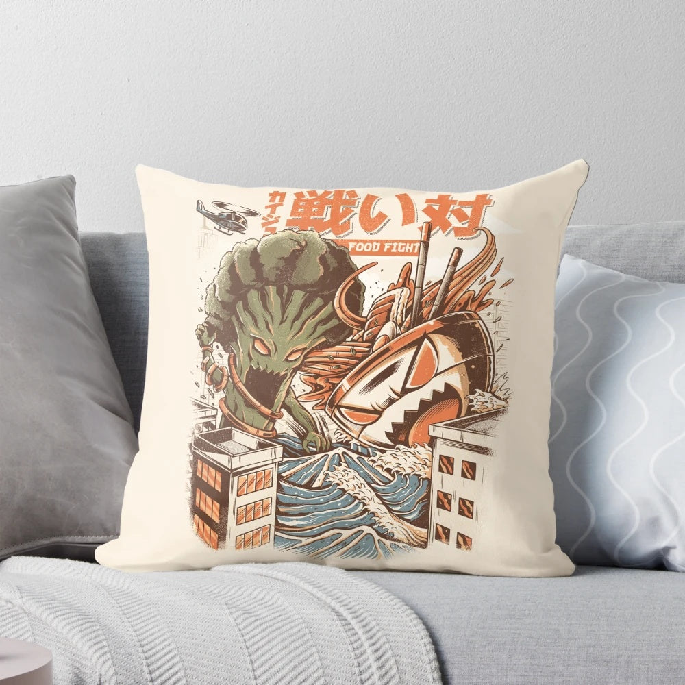 Anime-inspired pillow featuring a broccoli and ramen kaiju battle