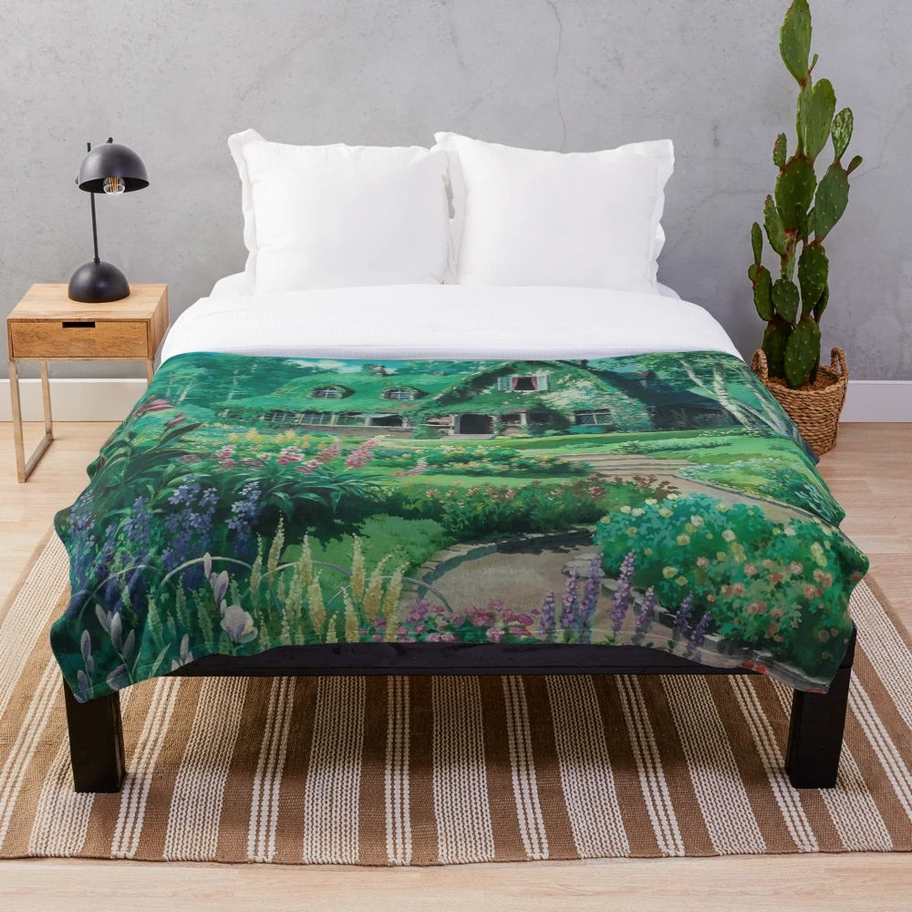Anime scenery plush blanket with mountains, lake, and clouds