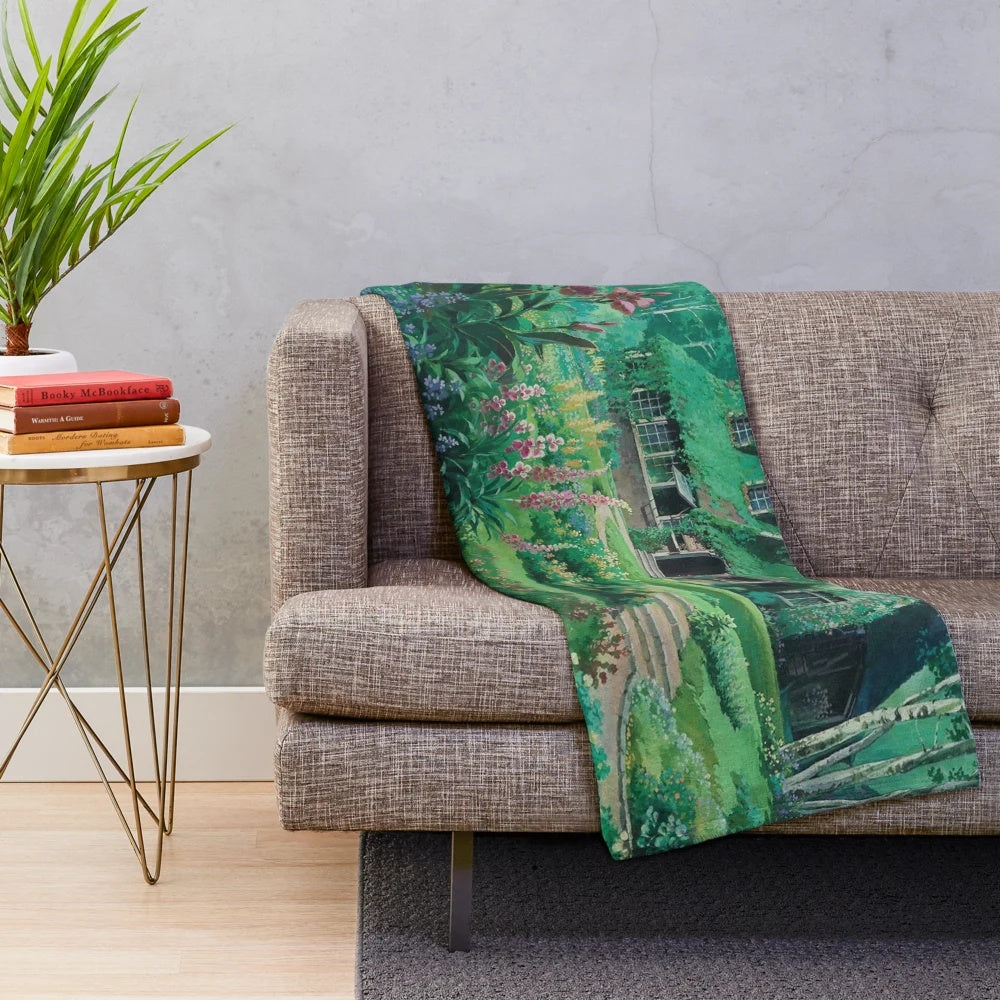 Anime scenery plush blanket with mountains, lake, and clouds