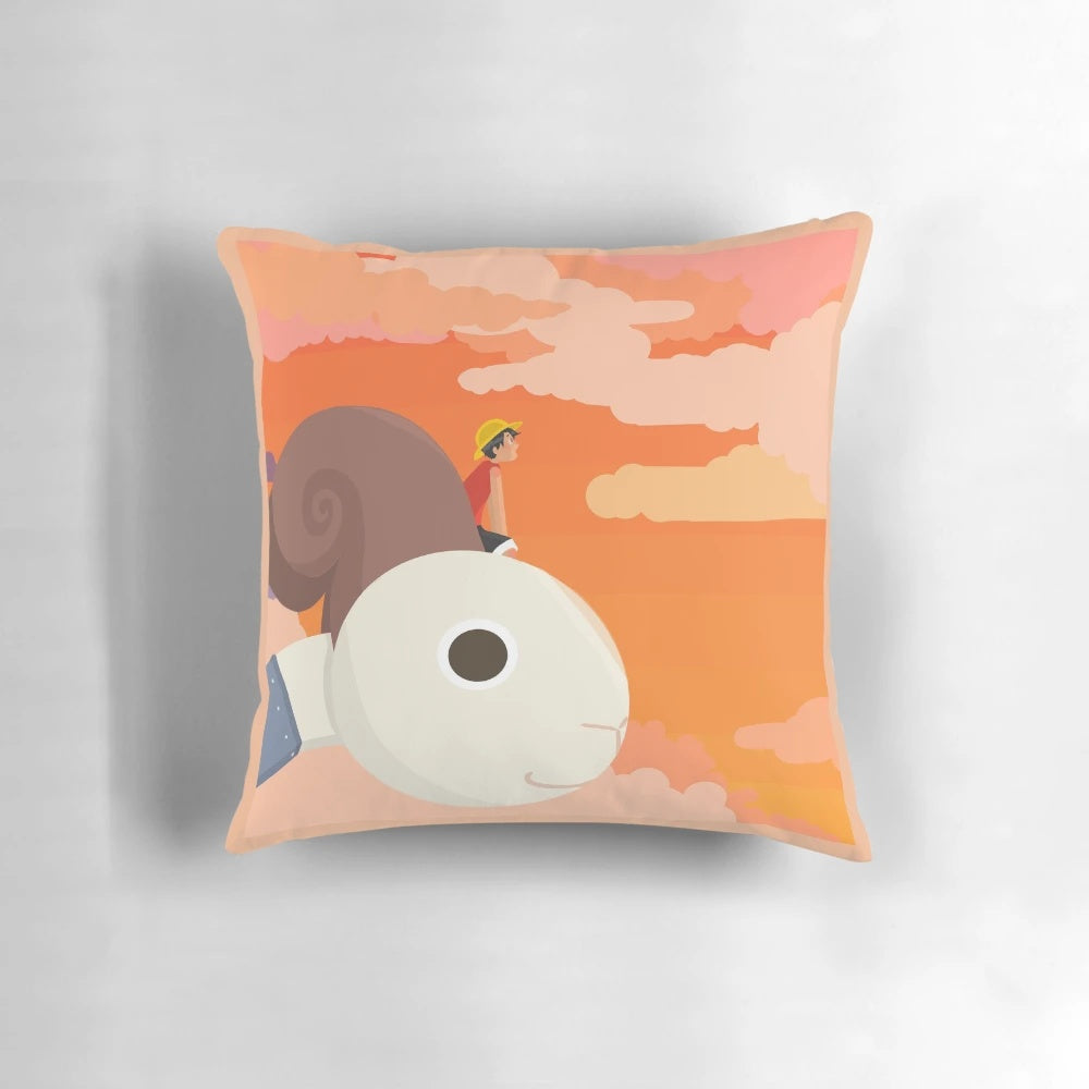 A cozy and stylish anime-inspired sticker pillow featuring the Straw Hat Pirates' ship, the Going Merry, against a vibrant sunset sky.