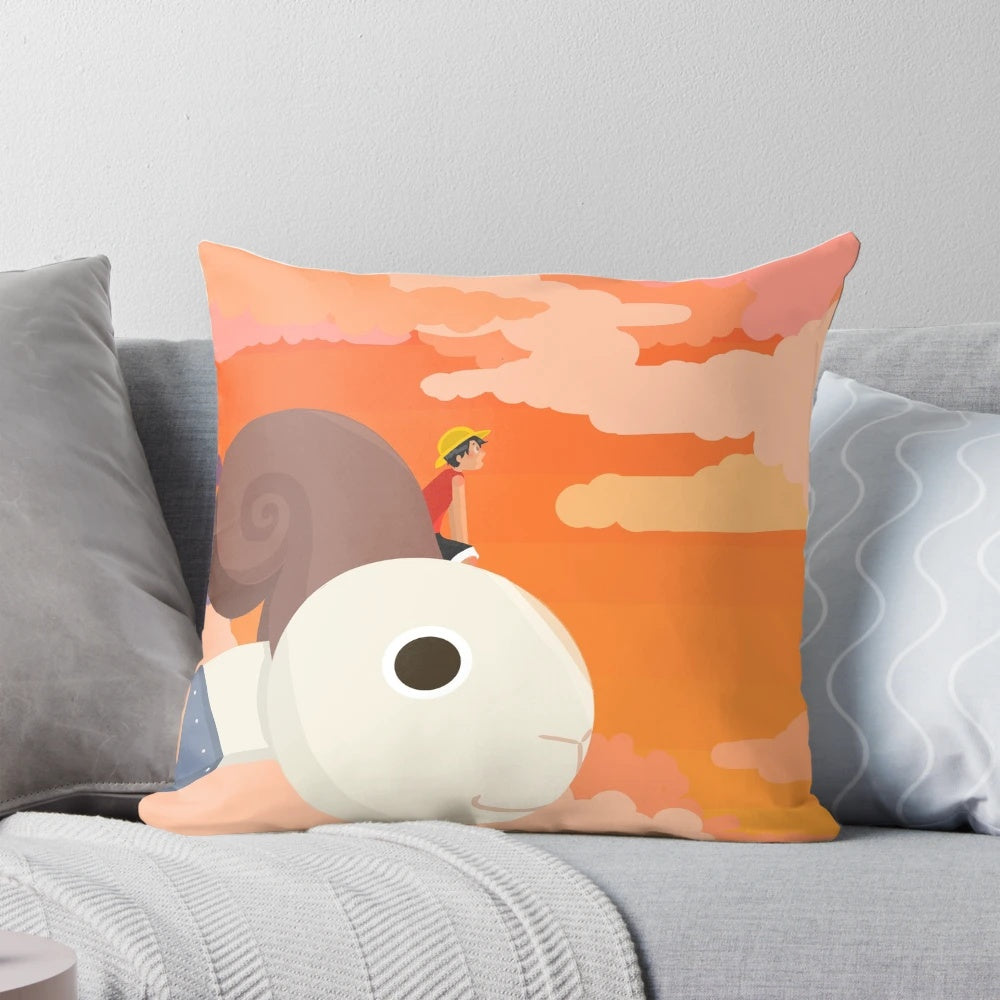 A cozy and stylish anime-inspired sticker pillow featuring the Straw Hat Pirates' ship, the Going Merry, against a vibrant sunset sky.