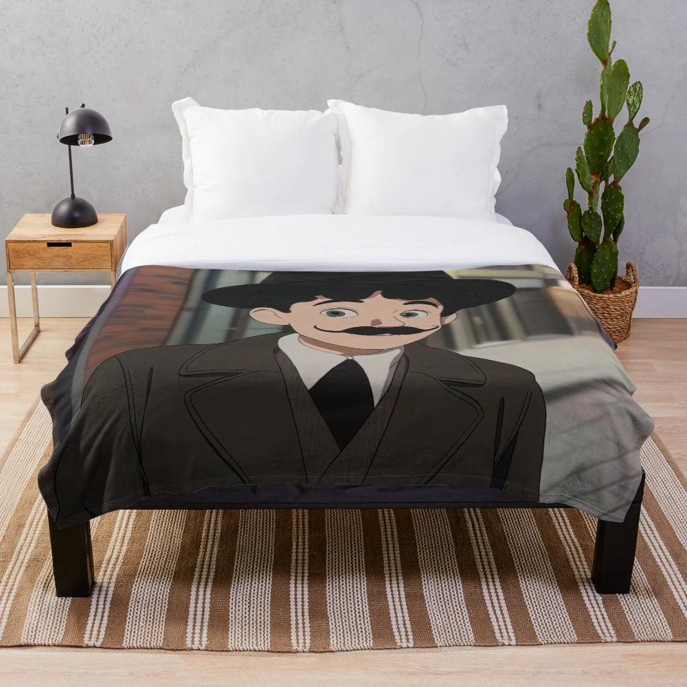 Charlie Chaplin inspired anime-style plush blanket