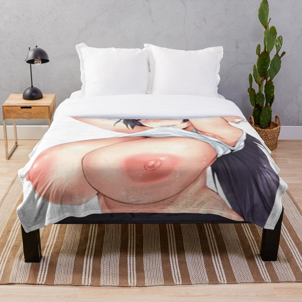 Anime-style plush blanket with ecchi-inspired graphics