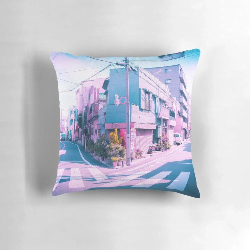 Colorful anime-inspired vaporwave pillow with a scenic view of a residential area in Tokyo on a summer day.
