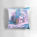 Colorful anime-inspired vaporwave pillow with a scenic view of a residential area in Tokyo on a summer day.