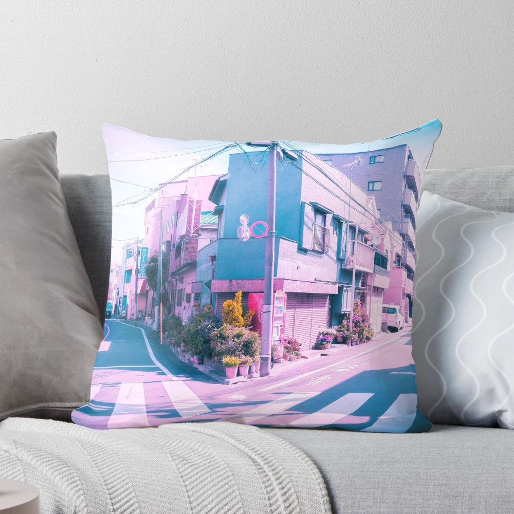 Colorful anime-inspired vaporwave pillow with a scenic view of a residential area in Tokyo on a summer day.