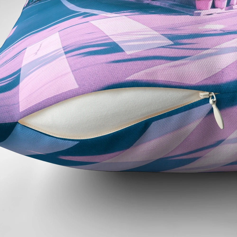 Colorful anime-inspired vaporwave pillow with a scenic view of a residential area in Tokyo on a summer day.
