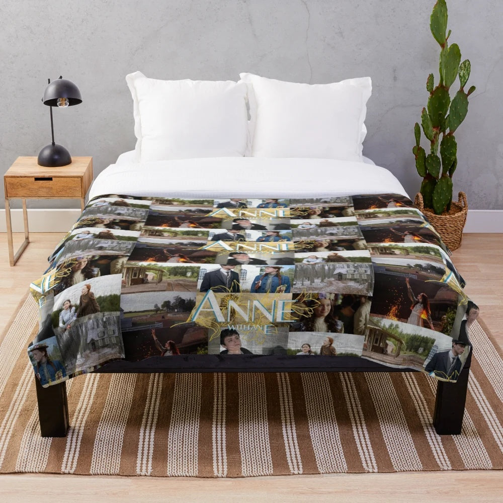 Cozy plush blanket featuring a collage design inspired by the Netflix series Anne with an E