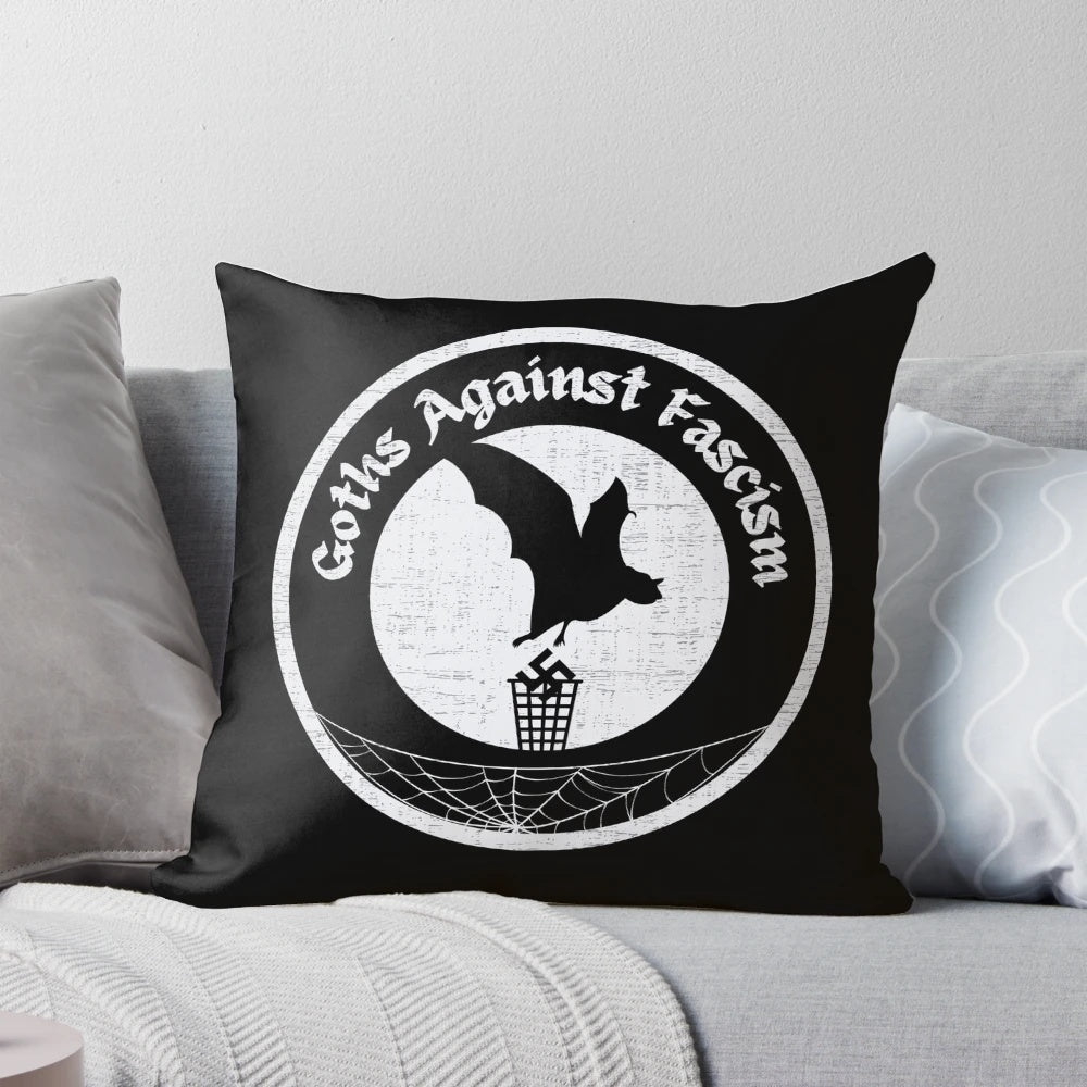 Anti-fascist gothic-themed decorative pillow with bat and spider web design