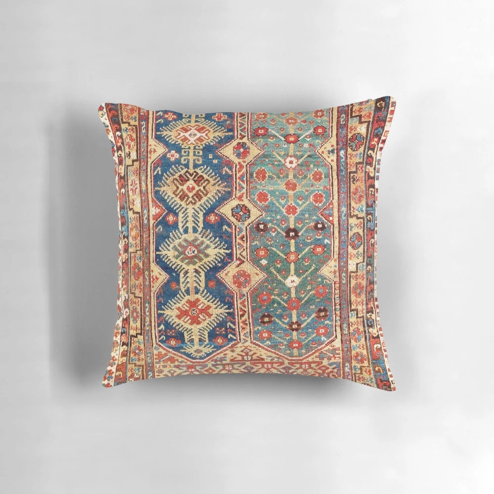 Antique Anatolian rug print accent pillow with geometric and tribal designs