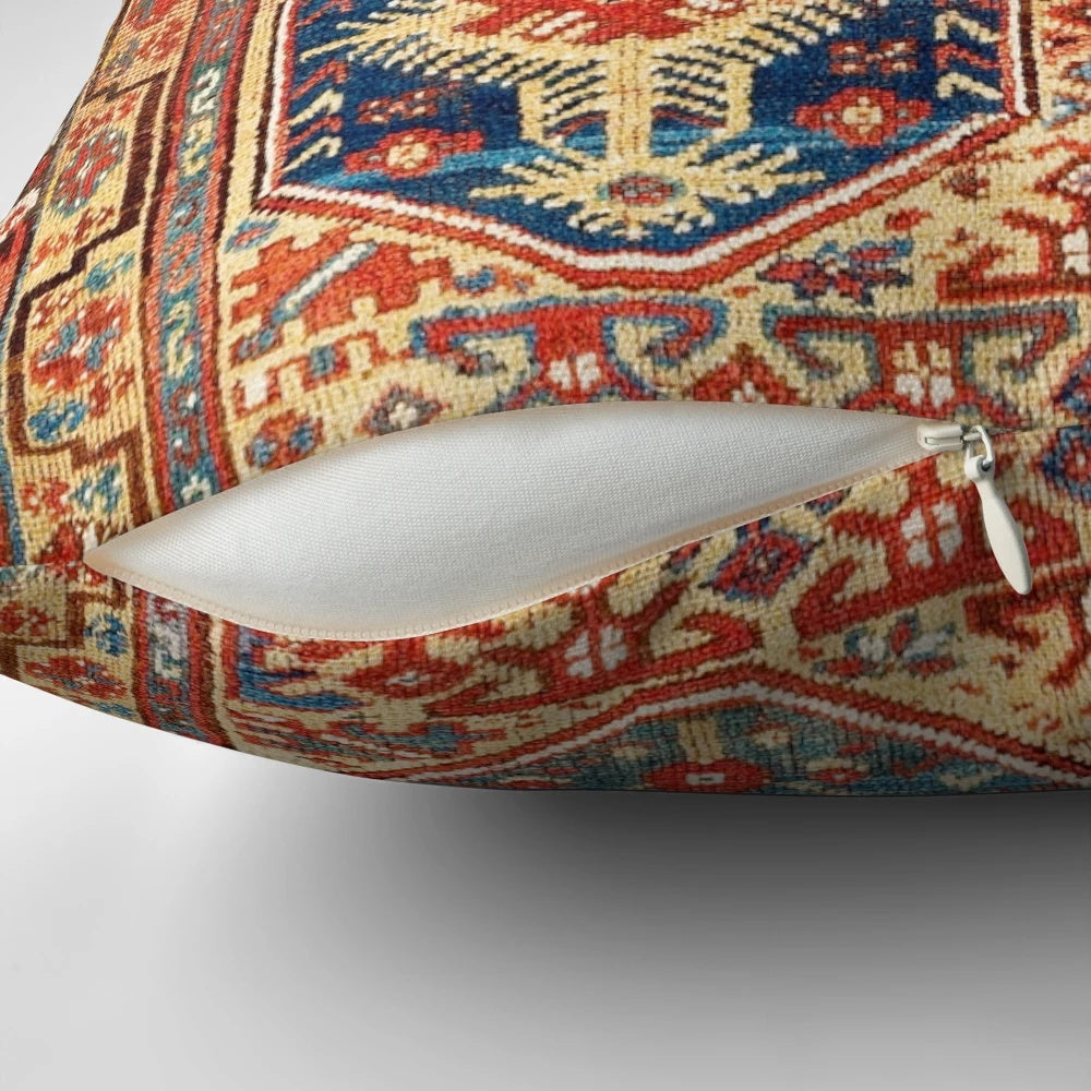 Antique Anatolian rug print accent pillow with geometric and tribal designs