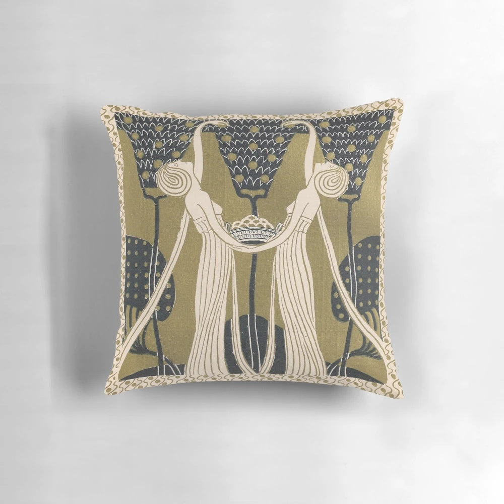 Vintage art nouveau style pillow with women, flowers, and gold details