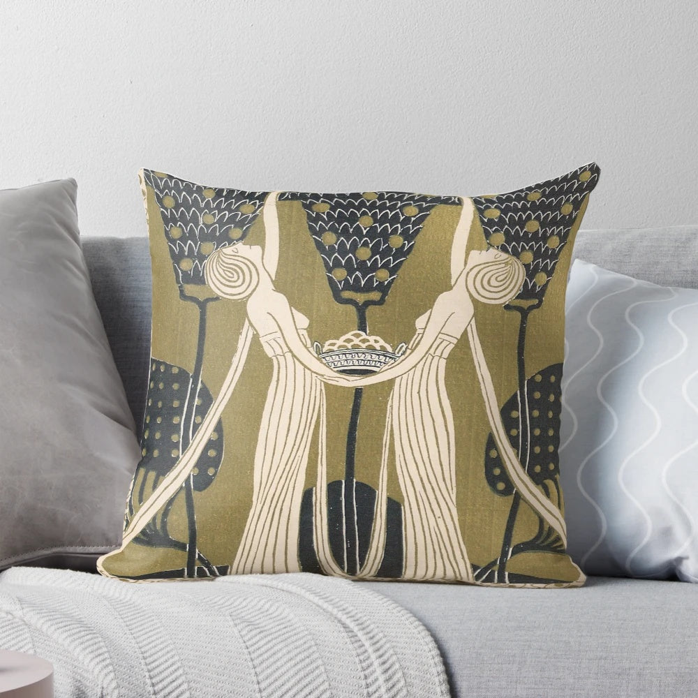 Vintage art nouveau style pillow with women, flowers, and gold details