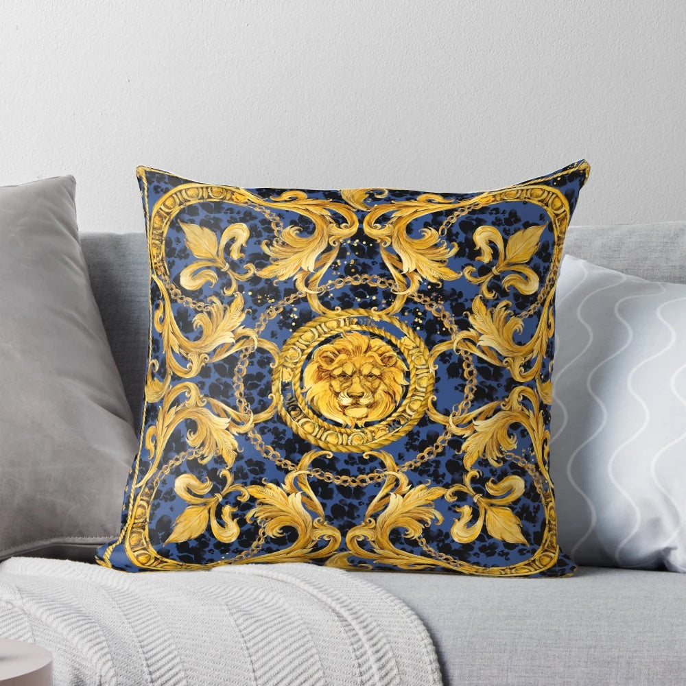 Luxury golden lion and damask ornament decorative pillow