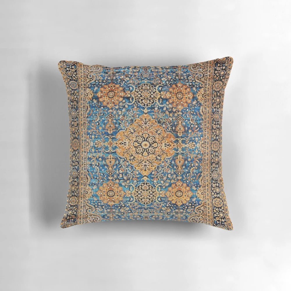 Antique blue Persian Kirman rug print decorative throw pillow