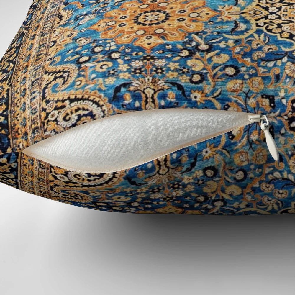 Antique blue Persian Kirman rug print decorative throw pillow