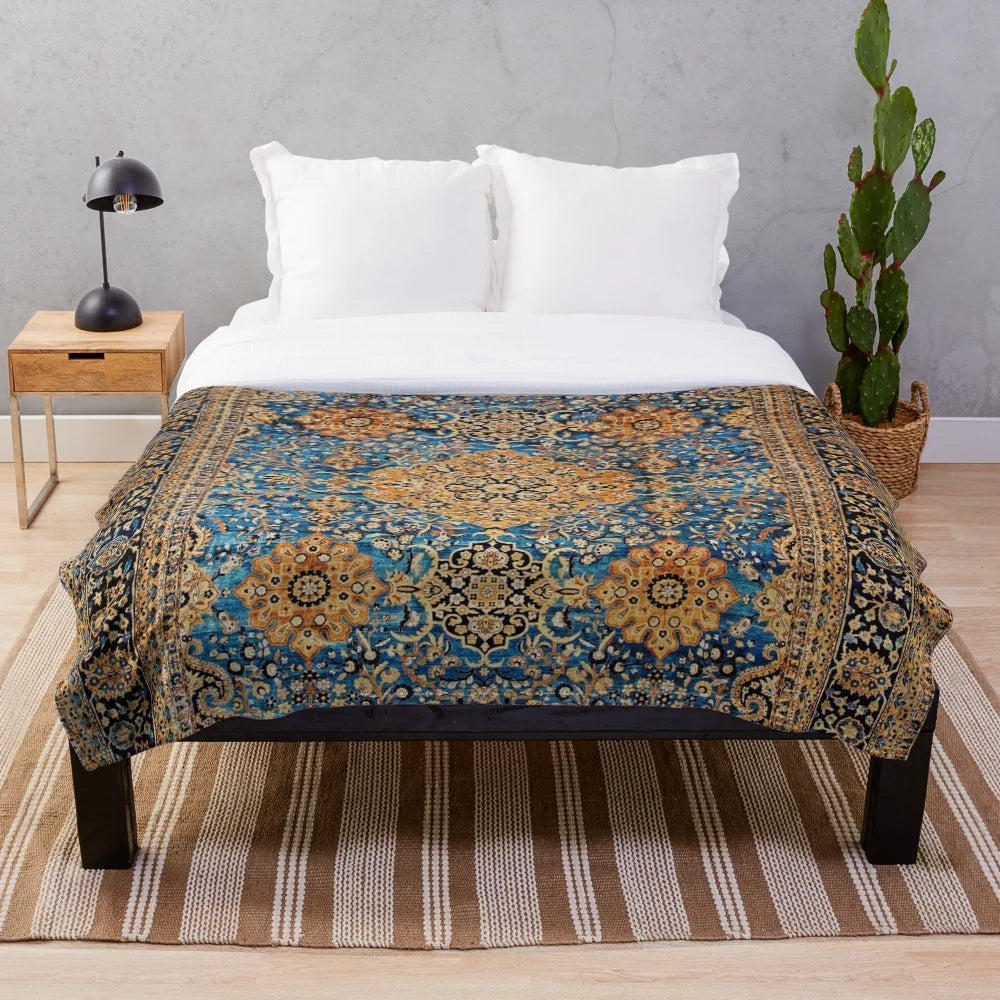 Antique Blue Persian Kirman Rug Print Plush Blanket