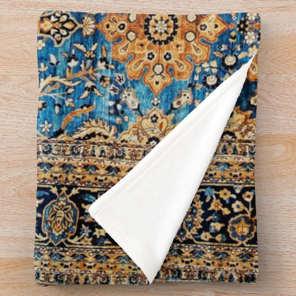 Antique Blue Persian Kirman Rug Print Plush Blanket