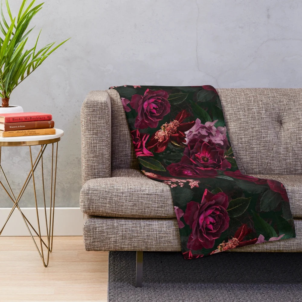 Antique botanical flower plush blanket with floral and night garden design