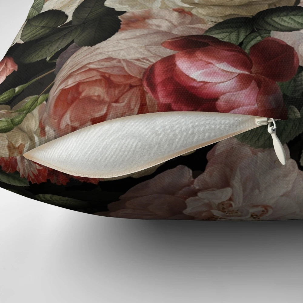 Antique botanical roses flowers pillow with a dark, mysterious garden pattern