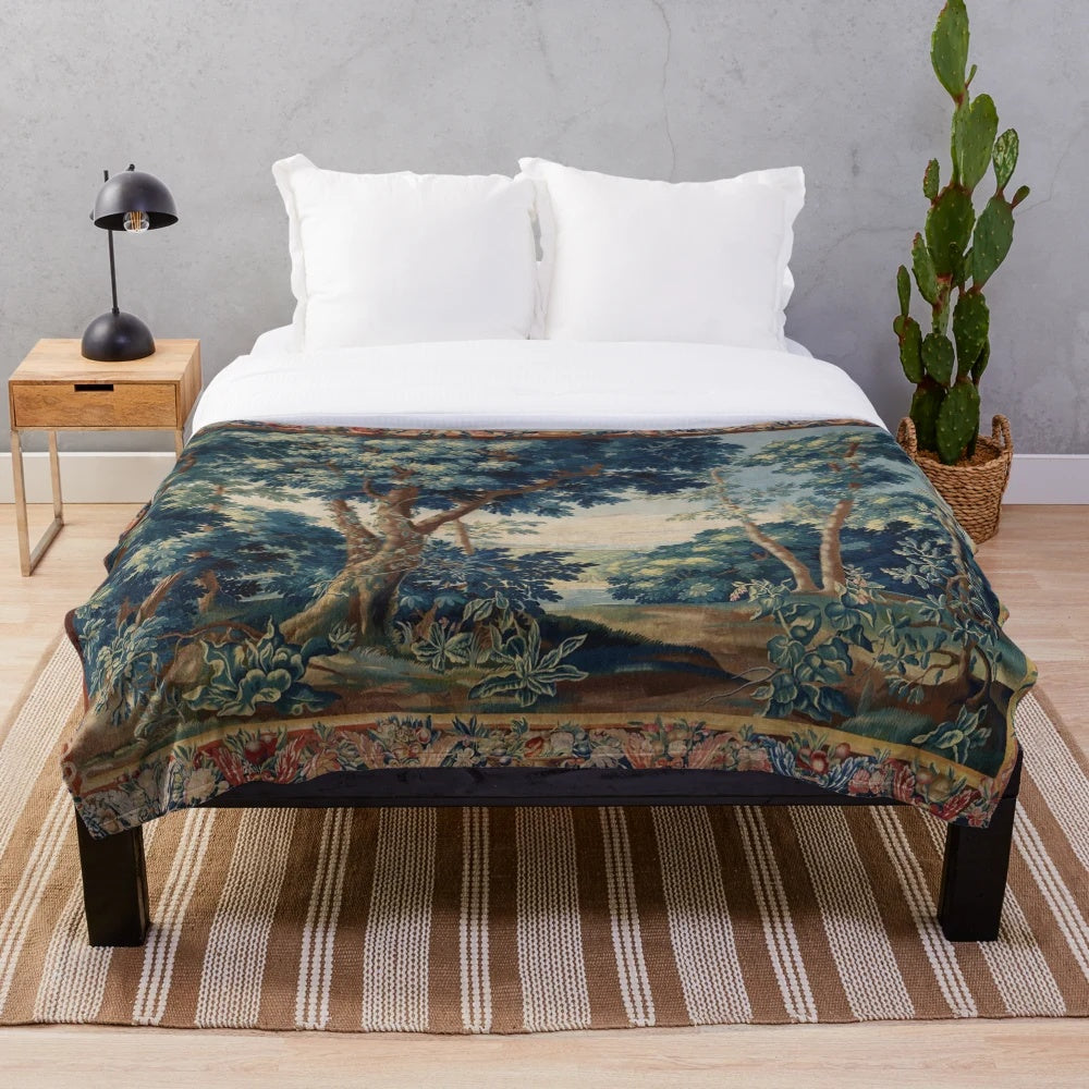 Antique Flemish style plush blanket featuring a lush woodland landscape with trees, foliage, and floral elements