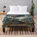 Antique Flemish style plush blanket featuring a lush woodland landscape with trees, foliage, and floral elements