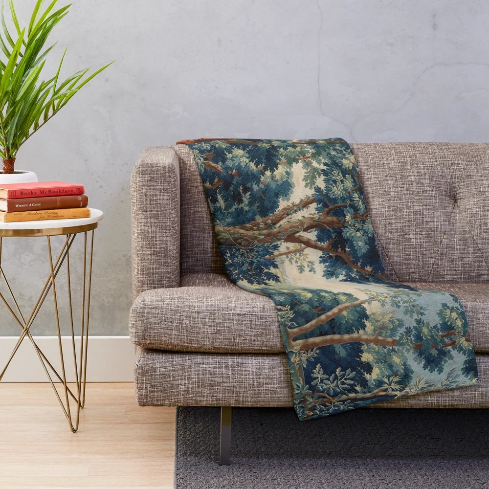 Antique Flemish style plush blanket featuring a lush woodland landscape with trees, foliage, and floral elements