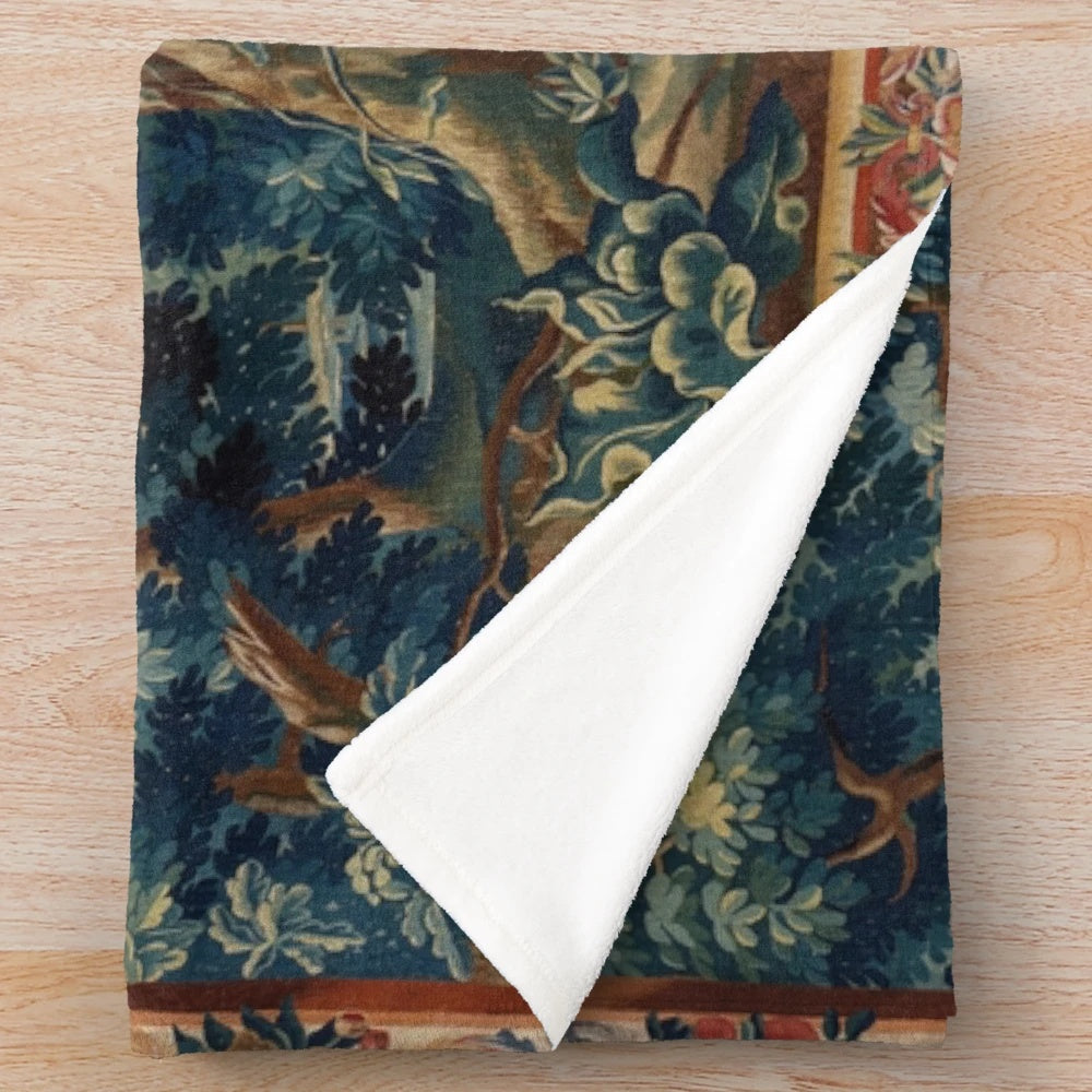Antique Flemish style plush blanket featuring a lush woodland landscape with trees, foliage, and floral elements