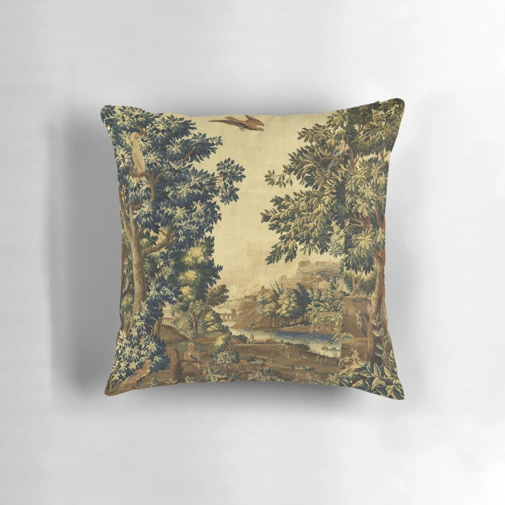 Antique-style tapestry-inspired pillow featuring a wood landscape scene with birds, trees, and a river