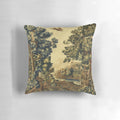 Antique-style tapestry-inspired pillow featuring a wood landscape scene with birds, trees, and a river